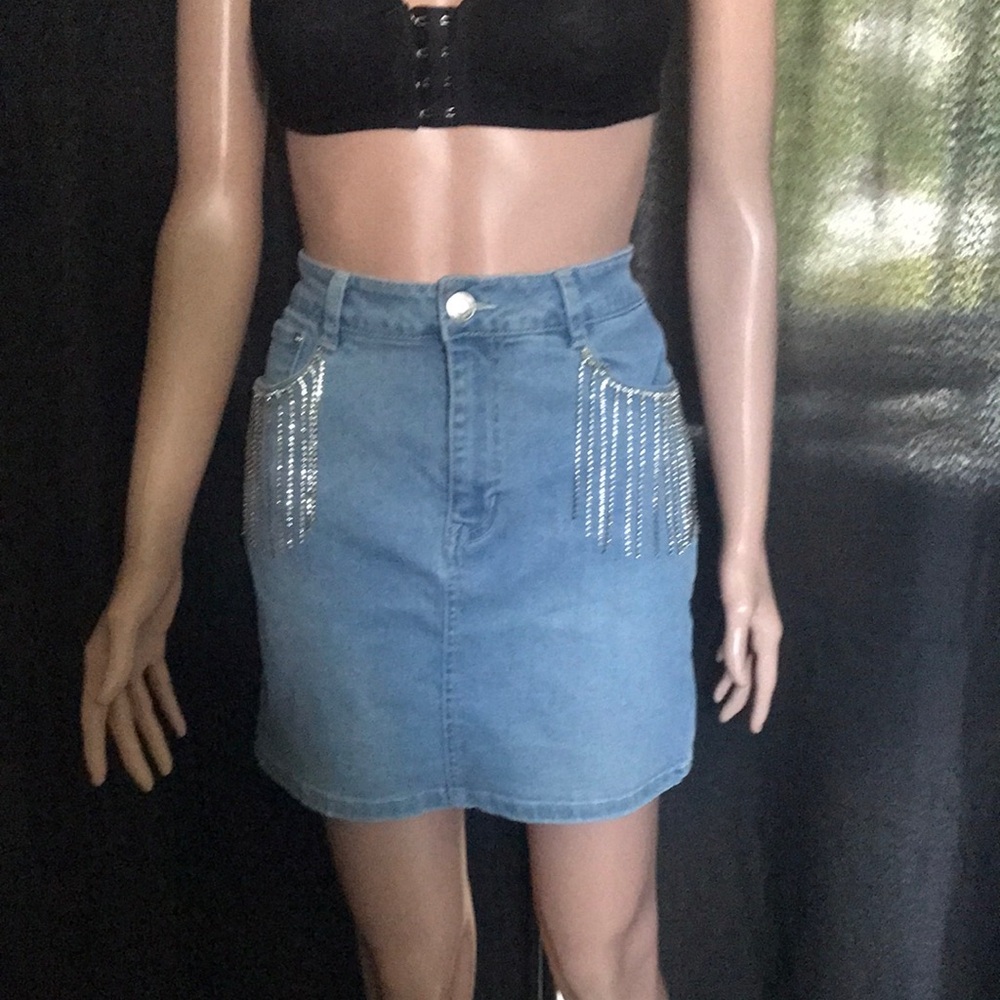 refuge Blue Denim Mini Skirt with Rhinestone Fringe